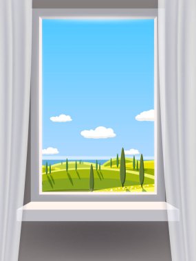 Pencere manzaralı, kırsal manzaralı, kır doğalı. Vektör çizim şablonu izole edildi