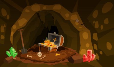 Tahta sandıklı fantezi hazine mağarası, altın sikkeler kristaller, mücevher, para kılıcı ve kafatası. Karikatür korsan hazine vektör geçmişi. Çizgi film stili, antika servetli Grot.