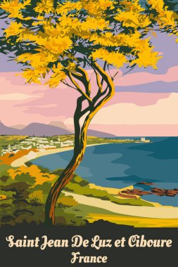 Fransız Saint Jean de Luz kıyı posterleri. Tatil köyü, sahil, deniz, deniz manzarası. Retro tarzı illüstrasyon kartpostal vektörü izole edildi
