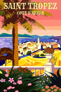 Saint Tropez tatil beldesi Fransız Cote de l azur sahil mahsulü. Retro biçim illüstrasyon vektörü izole edildi
