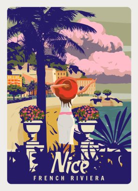Güzel bir Fransız Riviera sahil posteriydi. Tatildeki kadın, palmiye, tatil köyü, sahil, deniz, plaj. Retro biçim illüstrasyon vektörü izole edildi