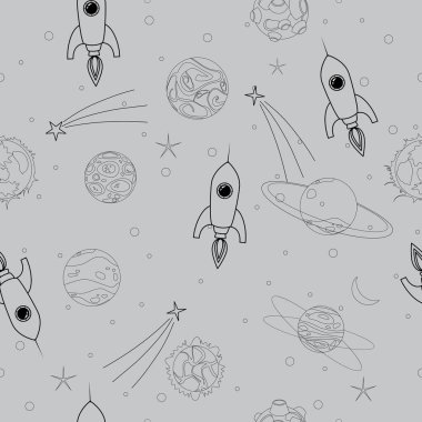 Kusursuz desenli uzay gezegenleri, roketler ve yıldızlar. Lineart uzay gemisi, çocuksu bir geçmişi var. Moda, kumaş, tekstil, duvar kağıdı, ambalaj için tasarım