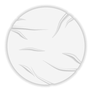 Kırışıklık efektli şablon yapıştırıcı kağıt gerçekçi. Yuvarlak, beyaz, yapışkan folyo, buruşuk ve kırışık desenli. Vektör illüstrasyonu