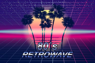 Sentetik 80 'lerin retro pankartı buhar dalgası estetik arka planı. Avuç içi siluet ızgarası 3D, Sunset Synthwave. Vektör illüstrasyonu fütürist