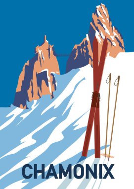Vintage Travel poster Ski Chamonix tatil köyü. Fransa 'nın kış manzarası seyahat manzarası, kar dağlarında kayaklar, retro. Vektör illüstrasyonu