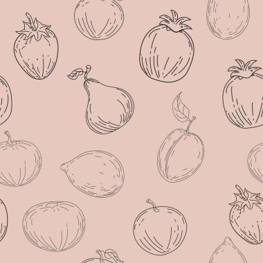 Kusursuz yaz meyveleri. El çizimi meyve, limon, elma, erik, portakal, mandalina. Vektör illüstrasyon klasik baskı kumaşı, duvar kağıdı, dekorasyon, tekstil