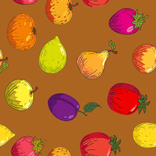 カラフルな明るいフルーツシームレスなパターン 手描きのスケッチフルーツレモン リンゴ オレンジ タンジェリン ベクトルのイラストの印刷物の生地 — ストックベクタ