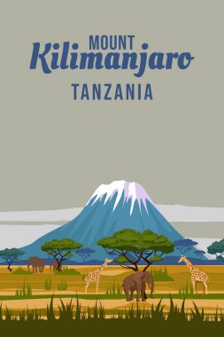 Afrika seyahat afişi, günbatımı Kilimanjaro Tanzanya. Egzotik manzara, klasik, vektör illüstrasyonu