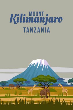 Africa travel poster savanna sunset Kilimanjaro Tanzania. Exotic landscape, vintage, vector illustration clipart