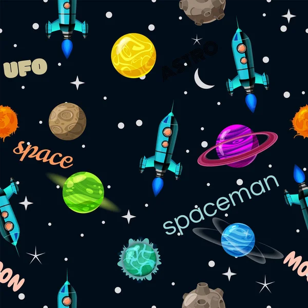 Space Nahtlose Muster Planeten Raketen Und Sterne Retro Cartoon Raumschiff — Stockvektor