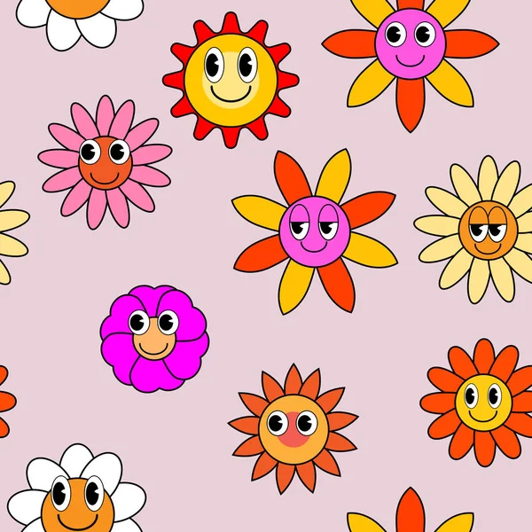 Groovy Hippie Blume Nahtlose Muster Bunte Blumen Trendigen Hintergrund Retro — Stockvektor