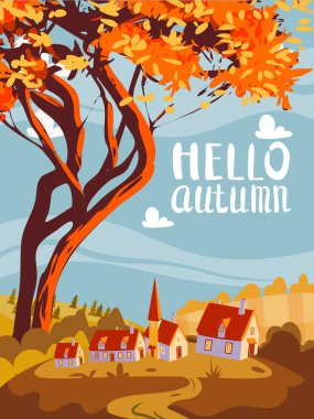 Poster Hello Autumn kırsal alanı, güz ağacı, çiftlik, kırsal köy. Vektör illüstrasyon arkaplanı