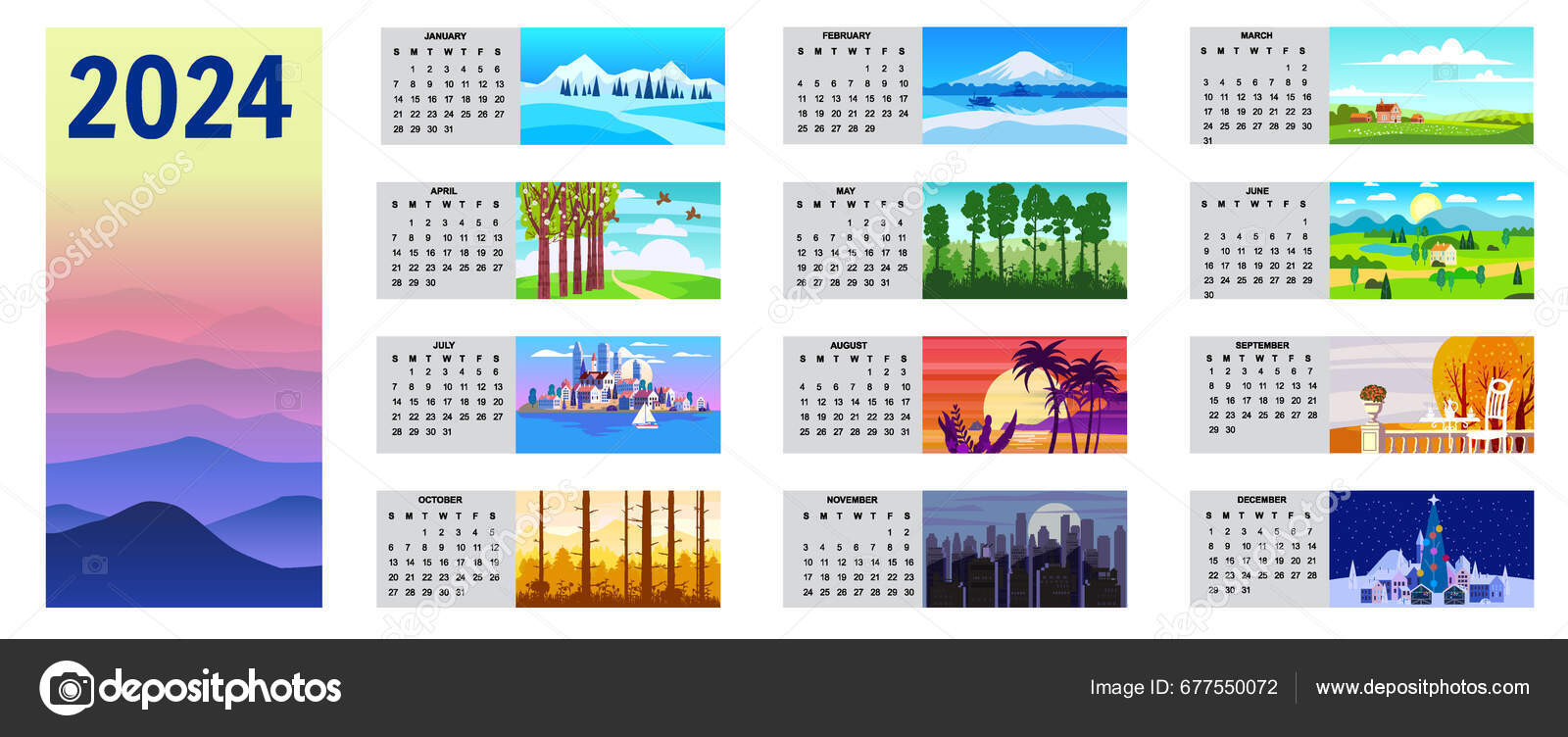 Calendrier 2020 annuel paysage style postes