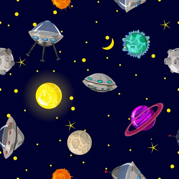 Nahtlose Muster Weltraumplaneten Raketen Und Sterne Cartoon Raumschiff Niedlicher Kindischer — Stockvektor