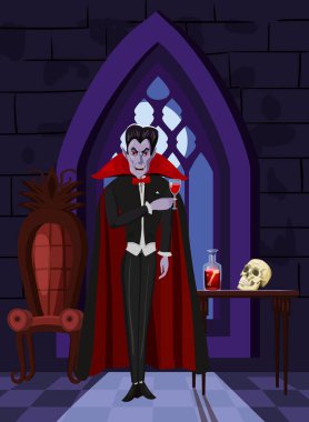 Drakula vampir karakteri, siyah kırmızı pelerinli, şarap kadehli, karanlık kale pencereli, Ay 'lı, iç mekanlı konukları ağırlıyor. Vektör illüstrasyon çizgi film biçimi