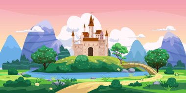 Fantezi masal kalesi manzarası, yeşil tepeler, ağaçlar, bahar, yol, dağlar, panorama. Gui tasarımı için vektör karikatür arkaplan çizimi