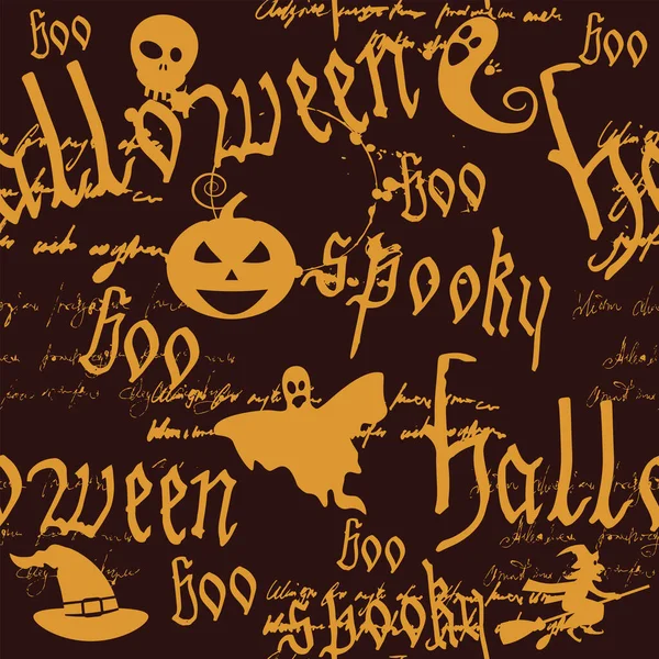 Happy Halloween Nahtlose Muster Mit Text Kürbis Geist Hexer Handgezeichneter — Stockvektor