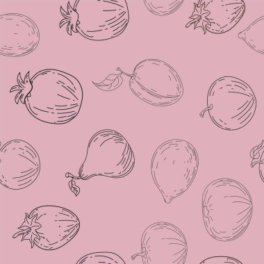 Kusursuz yaz meyveleri. El çizimi meyve, limon, elma, erik, portakal, mandalina. Vektör illüstrasyon klasik baskı kumaşı, duvar kağıdı, dekorasyon, tekstil