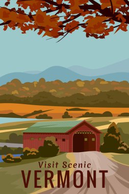 Vermont ABD Seyahat Posteri, sonbahar kırsal manzarası, üstü kapalı köprü. Sonbahar kırsal bölgesi, vektör illüstrasyonu, kartpostal