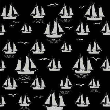 Yelkenli kusursuz desen, vektör çizimi. Silüet düz stil, kumaş, tekstil, duvar kağıdı, ambalaj için