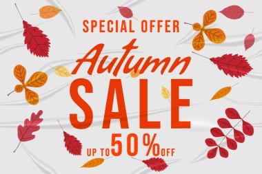 Autumn Sale glued paper with wrinkles effect realistic, banner colorful leaves background sticker. Template modern Fall sale banner for advertising. Vector illustration clipart