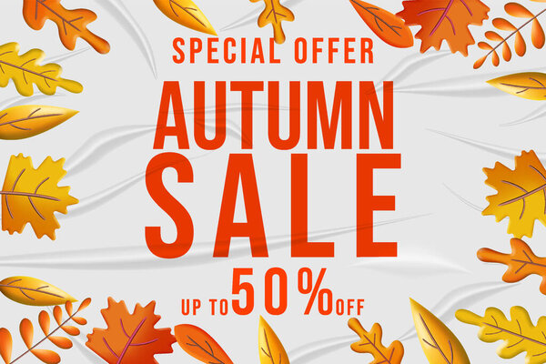 Autumn Sale glued paper with wrinkles effect realistic, banner colorful leaves background sticker. Template modern Fall sale banner for advertising. Vector illustration