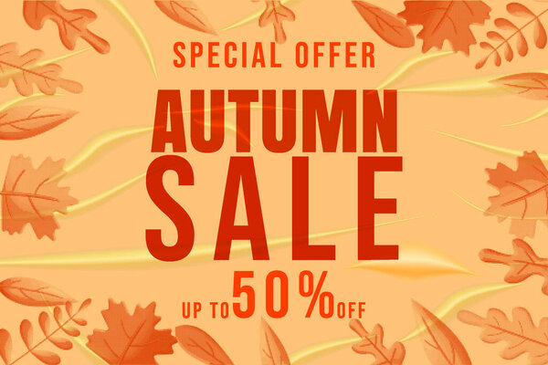 Banner Autumn Sale glued paper with wrinkles effect realistic, colorful leaves background sticker. Template modern Fall sale banner for advertising. Vector illustration