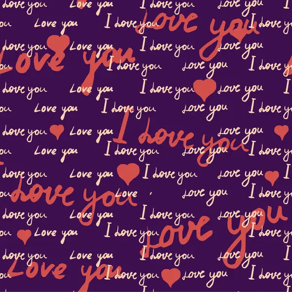 Seamless Pattern Text Love You Hand Written Words Pink Hearts — Stock Vector