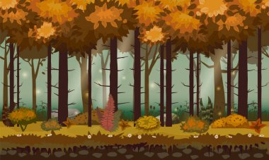 Orman sonbahar manzarası yatay, pürüzsüz çizimler. Ahşap arka plan, doğa, ağaçlar, çimenler, çalılar. Vektör çizgi film biçimi