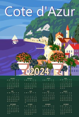 Takvim 2024 Cote de l azur French Riviera sahil duvarı poster klasiği. Resort, French Riviera Güzel sahil posterleri. Tatil köyü, sahil, deniz, sahil. Retro biçim illüstrasyon vektörü izole edildi