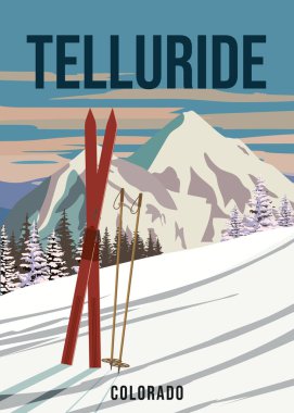 Vintage Travel poster kayak beyazımsı tatil yeri. Amerika 'nın kış manzarası seyahat manzarası, kar dağında kayaklar, retro. Vektör illüstrasyonu