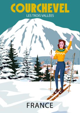 Travel poster Ski Courchevel resort vintage. France winter landscape travel view, skier woman on the snow mountain, retro. Vector illustration
