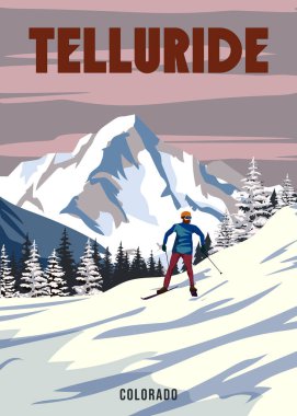 Ski Telluride tatil beldesi. Amerika 'nın kış manzarası seyahat manzarası, kar dağında kayakçı, retro. Vektör illüstrasyonu