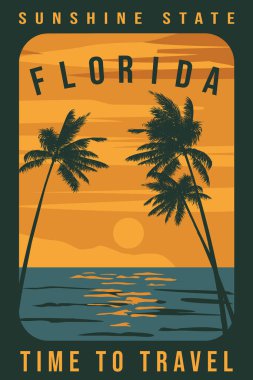 Florida 'da Yaz Dönüşü Posteri Seyahat Zamanı. Tropik sahil plajı, palmiye, sörf, okyanus. Yaz tatili. Vektör illüstrasyon klasiği