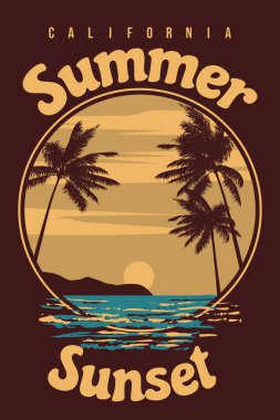 Retro Poster Yaz Günbatımı Kaliforniya. Tropik sahil plajı, palmiye, sörf, okyanus. Yaz tatili. Vektör illüstrasyon klasiği