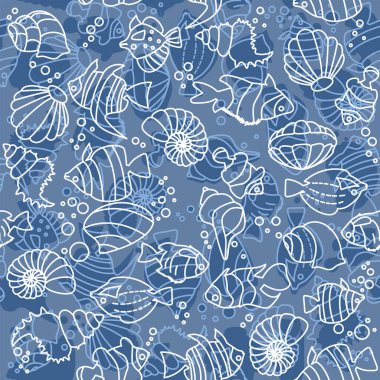 Kusursuz desenli tropikal balıklar, deniz kabukları. Şirin sualtı karakterleri vektör illüstrasyonu, kumaş, kağıt baskısı, arka plan, tekstil
