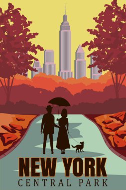 New York Central Park Posteri. Seyahat kartpostalı, sonbahar, köpekli sevgi dolu bir çift. Vektör illüstrasyon retro