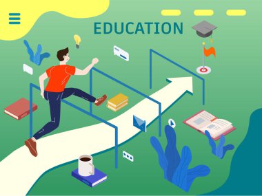 Sınavlara hazırlanmak için koşan genç adam hedefe ulaşmak için engelleri aşıyor. Vektör illüstrasyonu izometrik