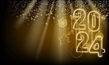 2024 Mutlu Yıllar parlayan ışık arka planda parlıyor. Altın parıltılı süsleme ve parlak ışık efekti. Eve partisi şenlik kartı pankartı taşıyıcısı