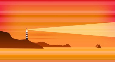 Banner Lighthouse kulesi, deniz feneri okyanus ışığı, gün batımı. Kayalık kayalıklarda sinyal binası, günbatımı deniz manzarası. Vektör düz çizgi film biçimi, siluet