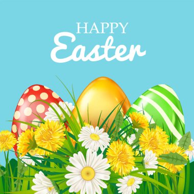 Paskalya yumurtaları renkli, yeşil çimen papatya ve karahindiba çiçekleri, arka plan çizimi