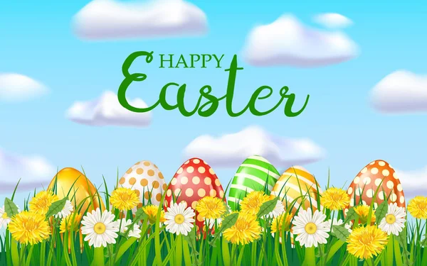 Mutlu Paskalya yumurtaları, yeşil çimen papatya ve karahindiba çiçekleri, mavi gökyüzü bulutu, arka plan, vektör illüstrasyon bayrağı