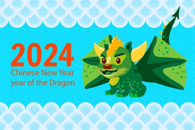 2024 Çin Yeni Yılı, Ejderha bayrağı. Ejderha çizgi filmi karakteri şirinmiş. Arkaplan şablonu vektör çizimi