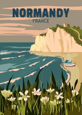 Seyahat posteri Normandiya Fransası, klasik deniz manzarası kayalık uçurum manzarası. Retro kart, illüstrasyon, vektör, kartpostal