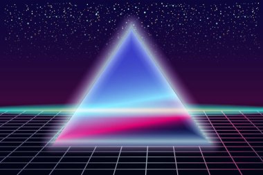 Sentetik retro pankart buhar dalgası estetik arka planı. Piramitler ızgarası 3d, günbatımı 80 s retrowave