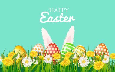 Mutlu Paskalya yumurtaları, tavşan kulakları, yeşil çimen papatya ve karahindiba çiçekleri, mavi gökyüzü bulutu, arka plan, vektör illüstrasyon bayrağı