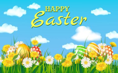 Mutlu Paskalya yumurtaları, yeşil çimen papatya ve karahindiba çiçekleri, arka plan, vektör illüstrasyon bayrağı