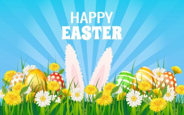 Mutlu Paskalya yumurtaları, tavşan kulakları, yeşil çimen papatya ve karahindiba çiçekleri, mavi gökyüzü bulutu, arka plan, vektör illüstrasyon bayrağı