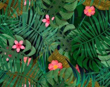 Tropik egzotik, pürüzsüz bir arka plan. Renkli orman yaprakları, çiçekler. Vektör illüstrasyon baskısı, kumaş, duvar kağıdı