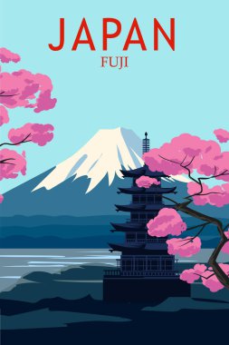 Japonya Fuji Dağı 'nın Retro Travel posteri. Bahar manzarası, pagoda, çiçek Sakura kirazı, kartpostal, arkaplan, vektör illüstrasyonu